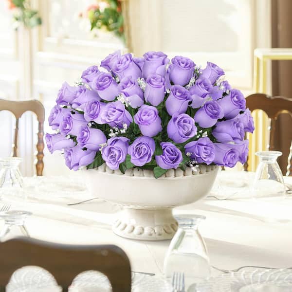 14 in. Lavender Purple Artificial Rose Bud Flower Stem Bush Bouquet (Set of 12)