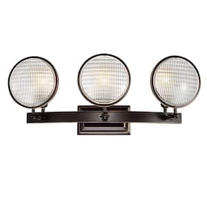 Cartwright 26 in. 3-Light Oil Rubbed Bronze Industrial Vanity Light with Headlight Glass