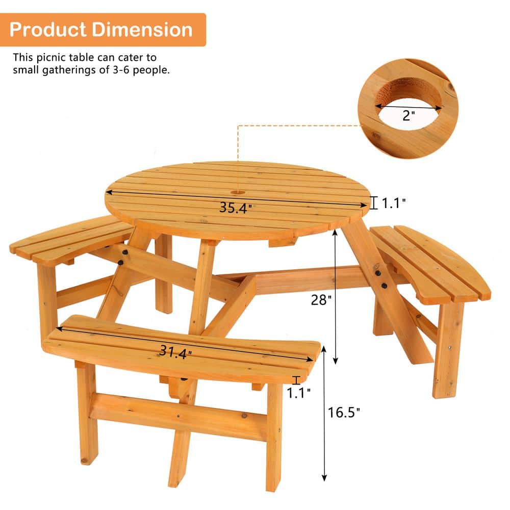 Natural Wood 6-Person Circular Picnic Table with Benches