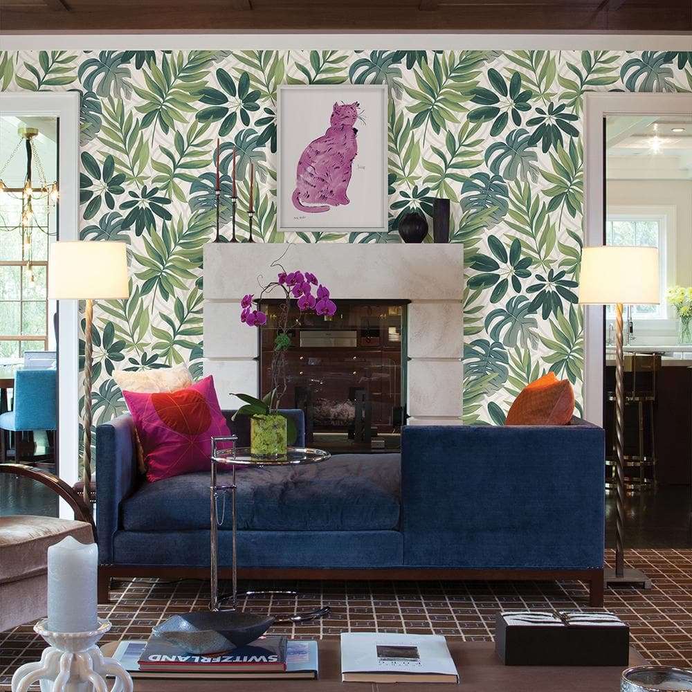 Tropical Green and White Vinyl Leaf Wallpaper