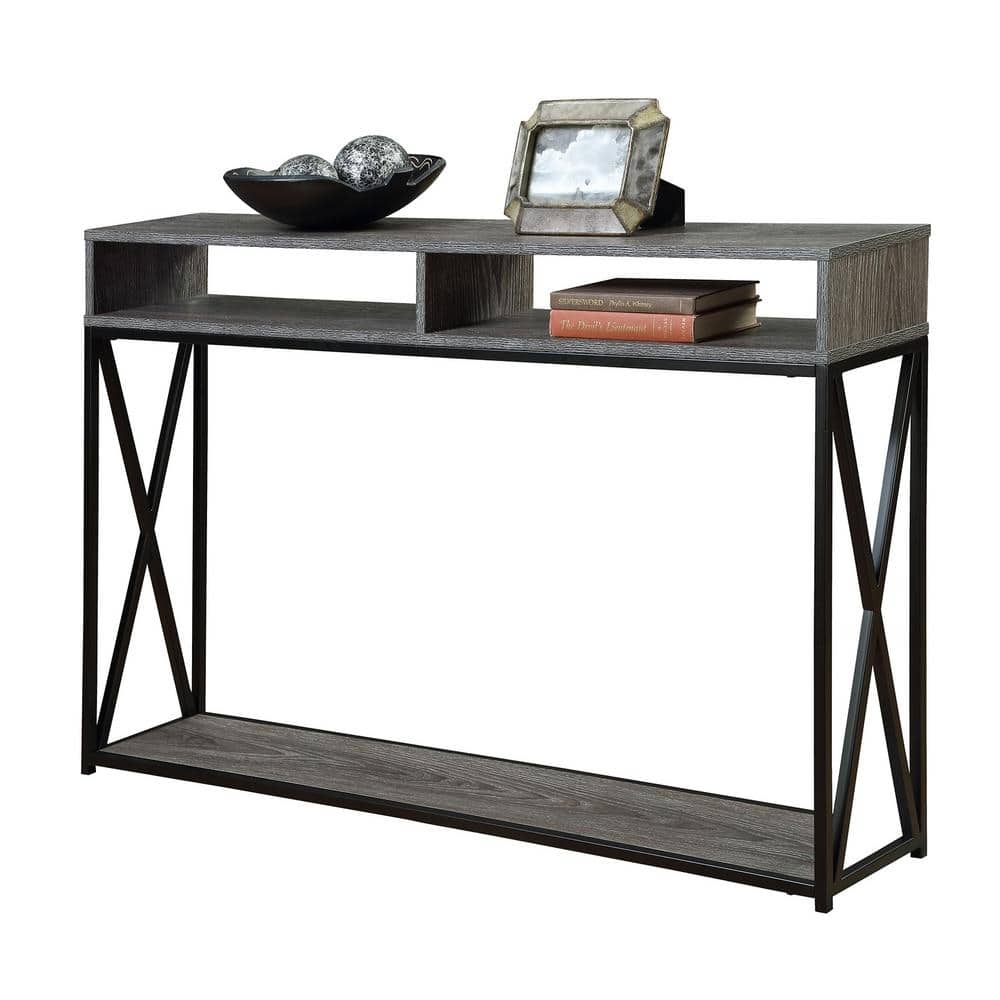 Weathered Gray and Black Wood Metal Console Table with Storage