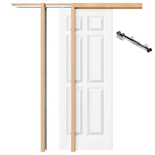 28 in. x 80 in. White Primed 6-Panel Wood Sliding Pocket Door with Soft Close, Frame and Full Accessories, Hollow Core