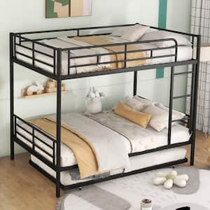 Detachable Black Full over Full Metal Bunk Bed with Trundle, Built-in Ladder