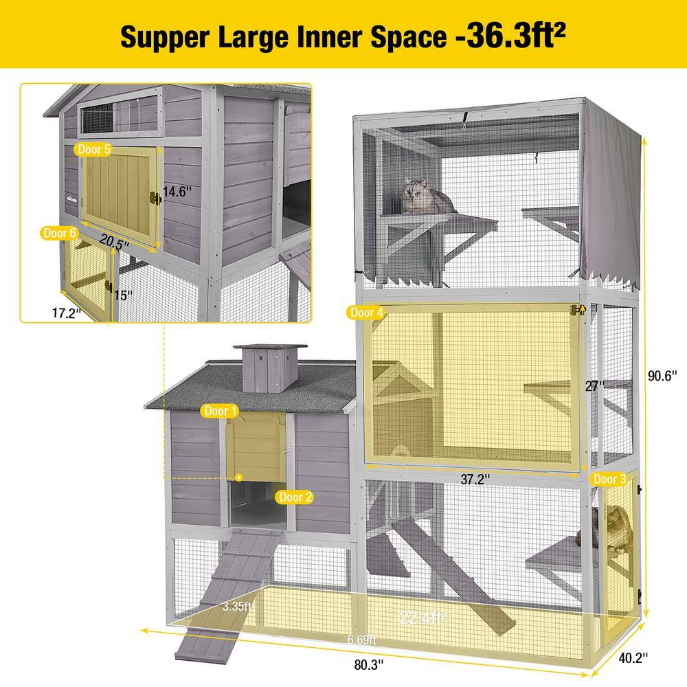 Large Gray Wooden Outdoor Cat House with Vertical Climbing Enclosure