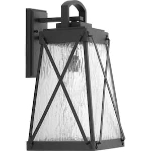 Creighton Collection 1-Light Textured Black Clear Water Glass Farmhouse Outdoor Large Wall Lantern Light