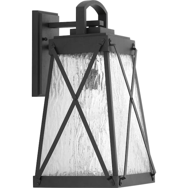Progress Lighting Creighton Collection 1-Light Textured Black Clear Water Glass Farmhouse Outdoor Large Wall Lantern Light
