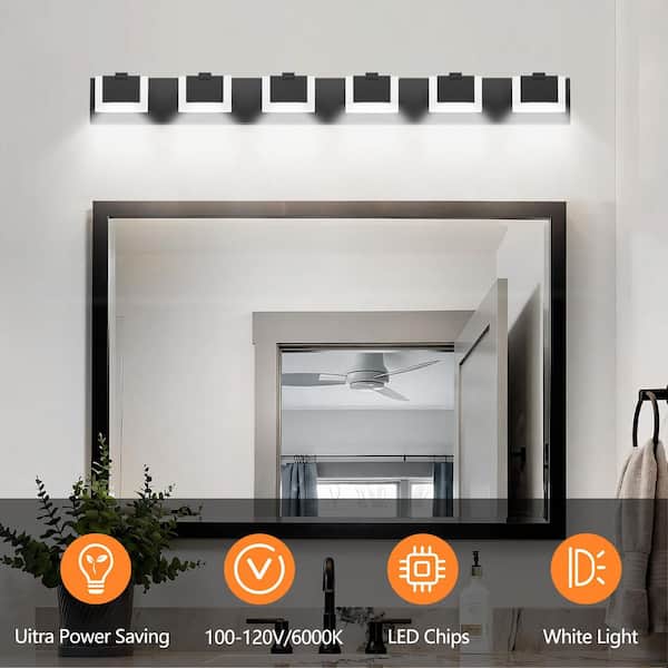 46 in. 6-Light Black Modern Dimmable LED Vanity Light 6000K Mirror Light