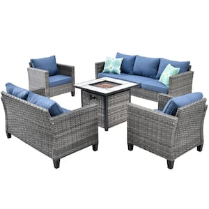 Lake Powell Gray 5-Piece Wicker Patio Conversation Fire Pit Seating Sofa Set with a Loveseat and Denim Blue Cushions