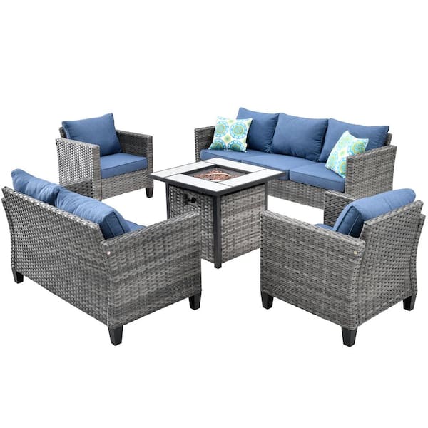 Lake Powell Gray 5-Piece Wicker Patio Conversation Fire Pit Seating Sofa Set with a Loveseat and Denim Blue Cushions