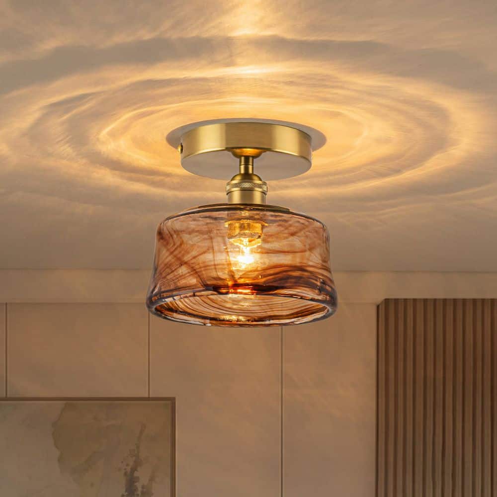 Chasy 1-Light 6.7 in.W Brass Art Glass Drum Semi-Flush Mount Light with Amber Swirl Glass for Hallway and Bedroom price history on PriceWatchPro