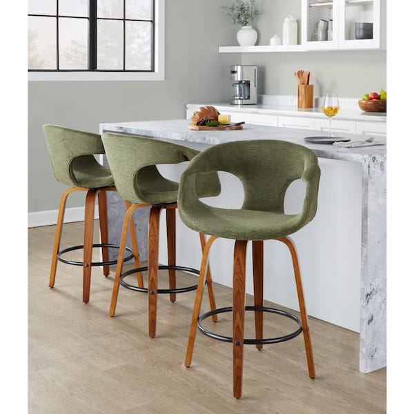 Curva 25.5 in. Green Fabric, Walnut Wood, and Black Metal Fixed-Height Counter Stool (Set of 2)