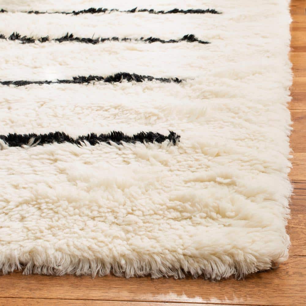 Hand-Knotted Black and Ivory Stripe Wool Square Rug - 7'