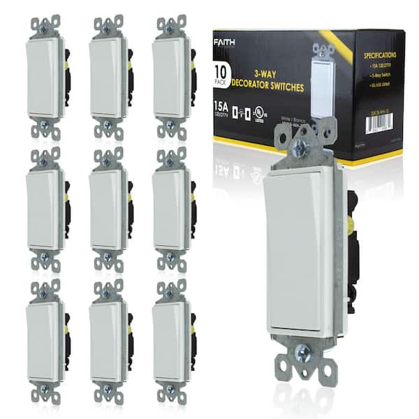 Decorator 15 Amp 3-Way Paddle/Rocker Wall Light Switch, White (10-Pack)