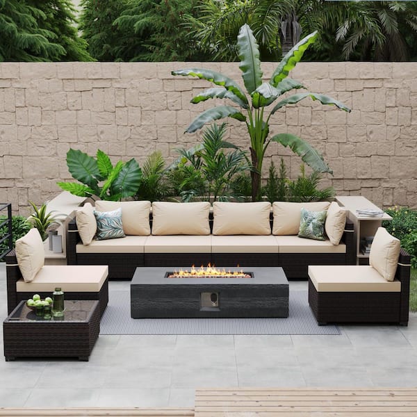 PATIO WATCHER 8-Piece Wicker Patio Conversation Set with Cushions and 56 in. Outdoor Rectangle Fire Pit Table, Beige Cushions