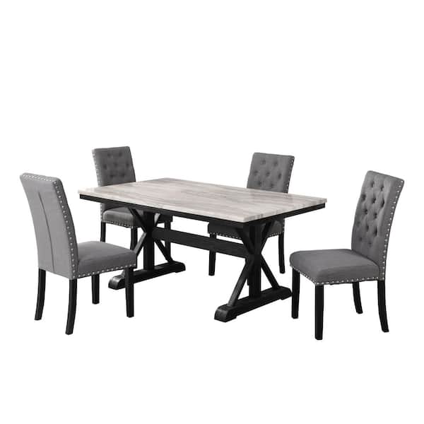Best Quality Furniture Gema 5-Piece Faux Marble Dining Set Gray Fabric Chairs.