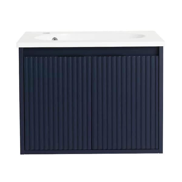 Boosicavelly 24.00 in. W x 18.20 in. D x 18.20 in. H Single Sink Wall Mounted Bath Vanity in Navy Blue with White Resin Top