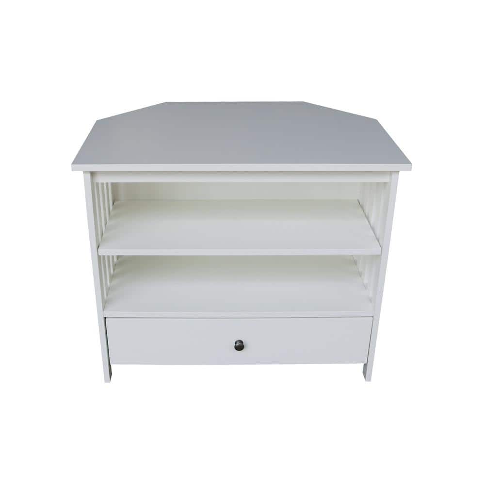 White Solid Wood Corner TV Stand with Shelves and Drawer