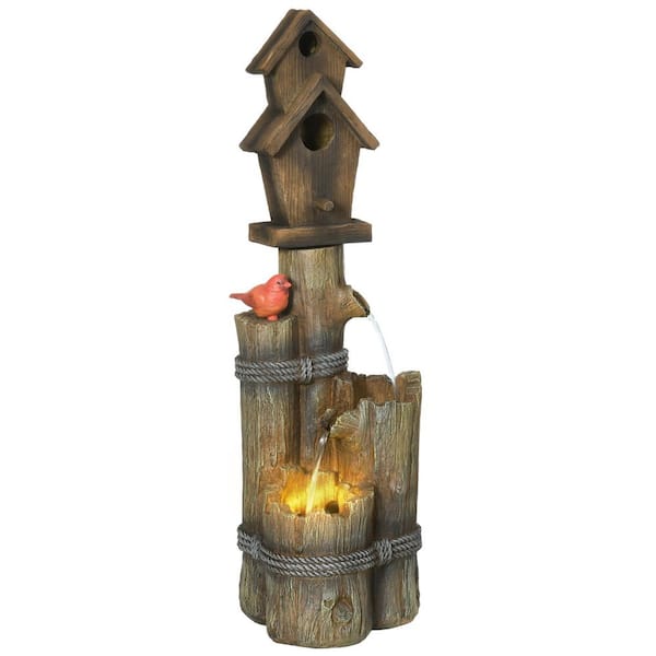 34.75 in. Resin Waterfall Fountain with 3-Tier Rustic Tree Trunk / Log Design LED Lights Garden Bird Bath
