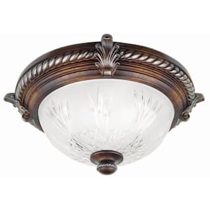 Bercello Estates 15 in. 2-Light Volterra Bronze Flush Mount with Etched Glass Shade
