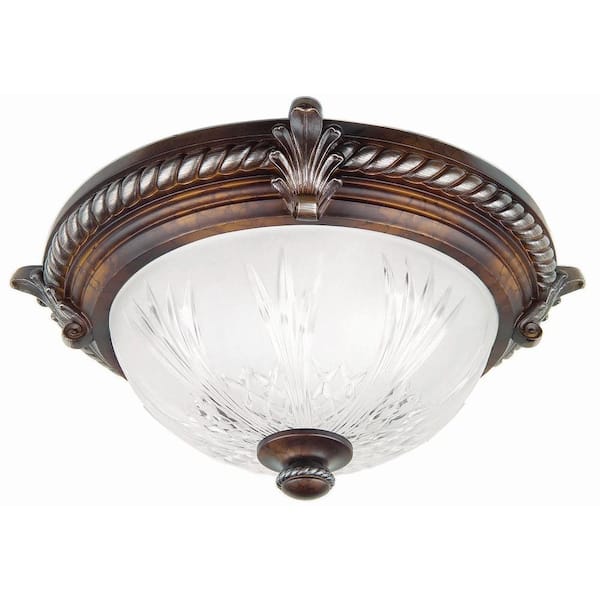 Hampton Bay Bercello Estates 15 in. 2-Light Volterra Bronze Flush Mount with Etched Glass Shade