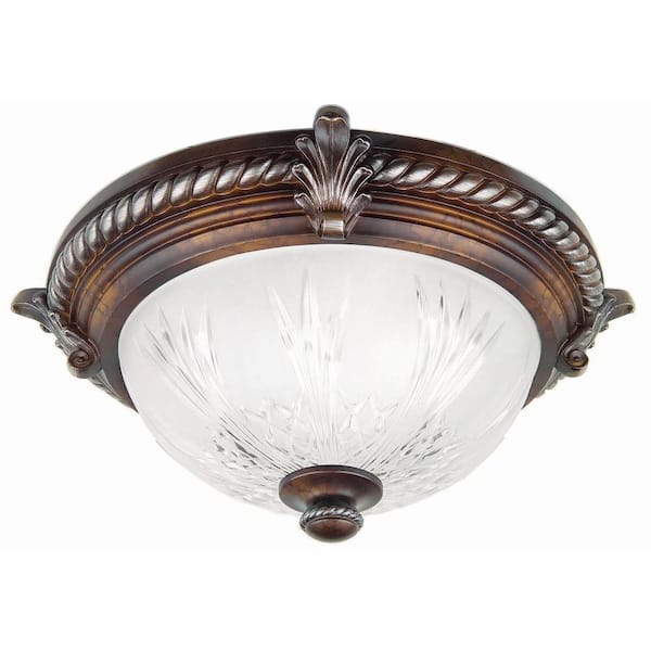 Bercello Estates 15 in. Traditional 2-Light Volterra Bronze Dimmable Flush Mount Ceiling Light with Etched Glass Shade