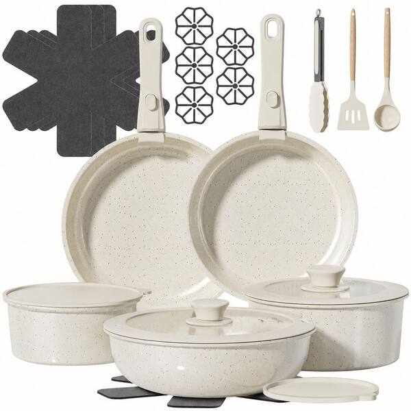 23 pcs Ceramic White Nonstick Cream White Cookware Set Induction Compatible Oven Safe with Detachable Handles
