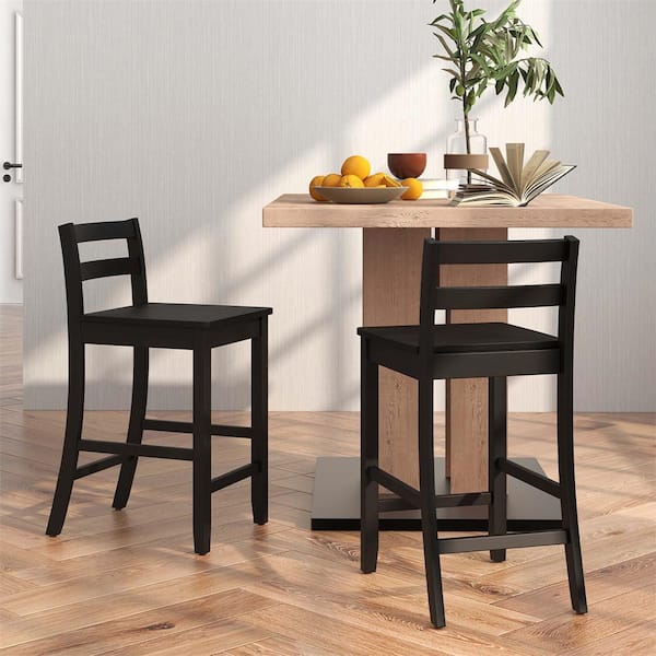 24 in. Black Ergonomic Backrest Wooden Frame Bar Stools with Counter Height Stools (Set of 2 )