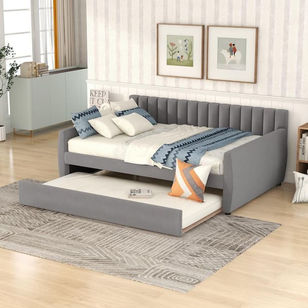 Gray Velvet Tufted Upholstered Full Size Daybed with Trundle, Day Bed Frame with Drawers and Headboard