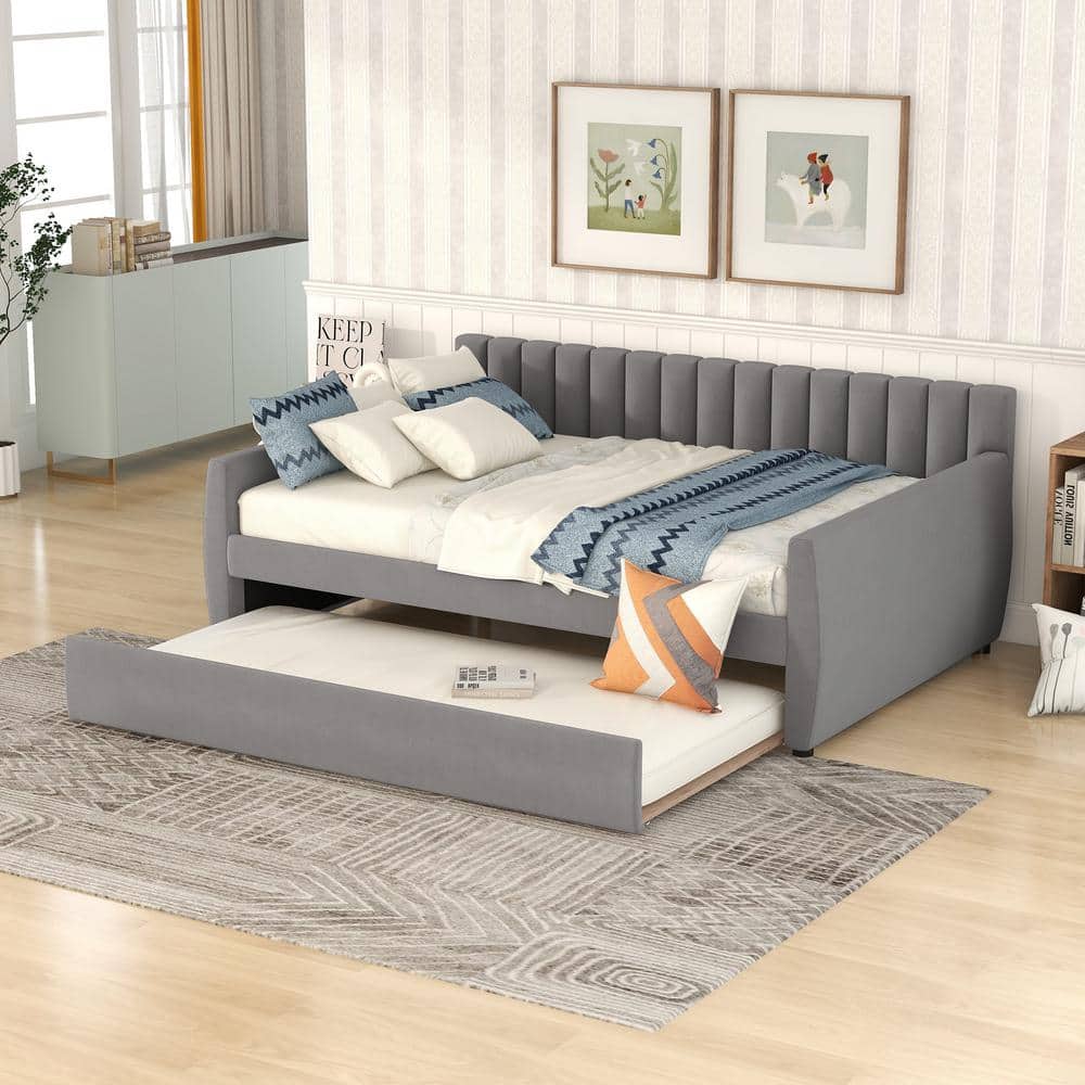 Gray Velvet Tufted Upholstered Full Size Daybed with Trundle, Day Bed Frame