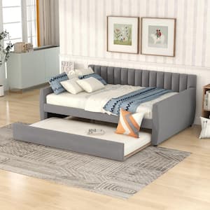 Gray Velvet Tufted Upholstered Full Size Daybed with Trundle, Day Bed Frame with Drawers and Headboard