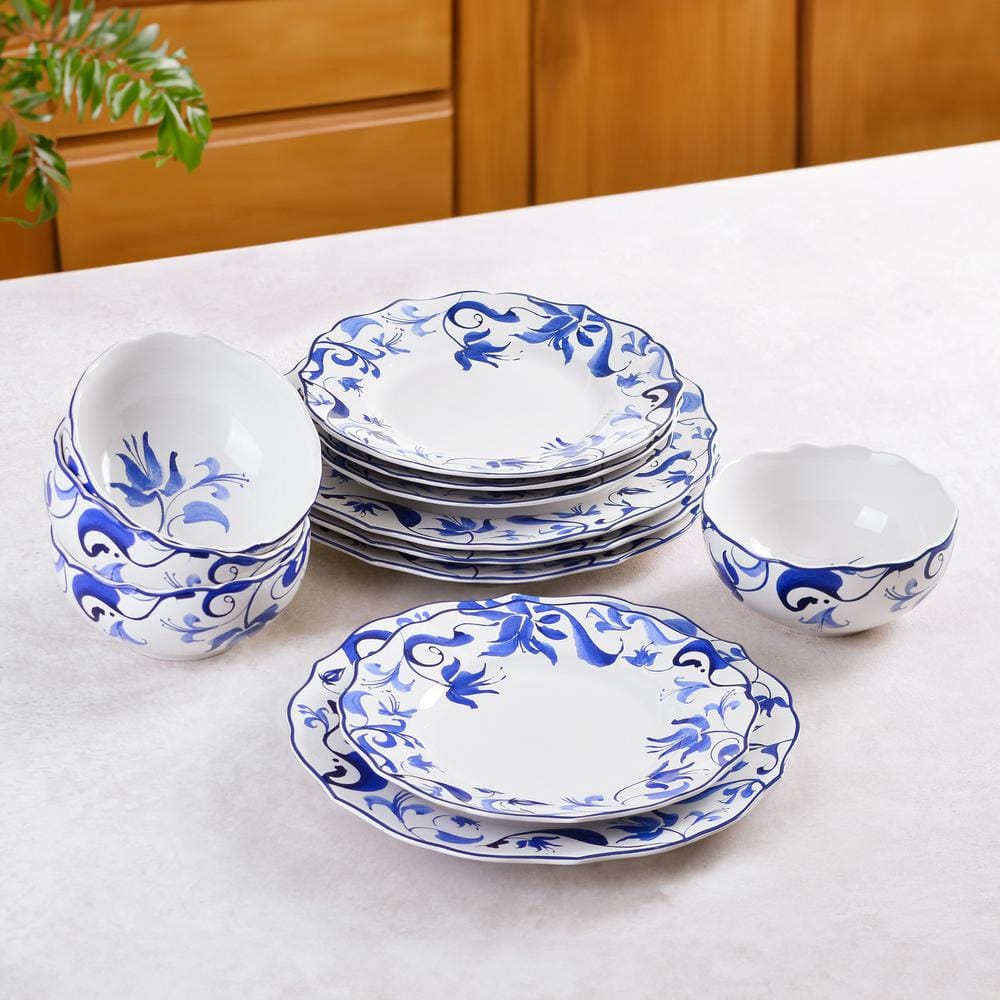 Ayla Blue and White Floral Porcelain 12-Piece Dinnerware Set