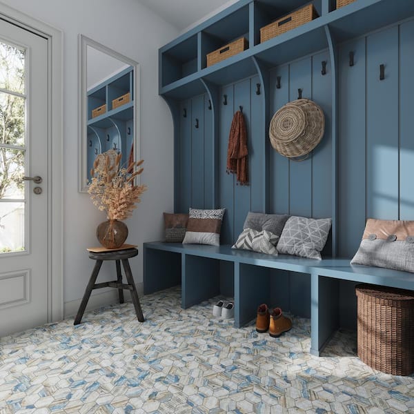 Blue Beige 10.2 in. x 11.7 in. Hexagon Matte Finished Glass Mosaic Tile (8.29 sq. ft./Case)