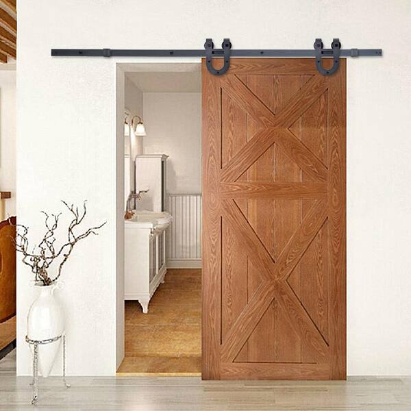 Calhome 72 In Matte Black Rustic Horseshoe Barn Style Sliding Door Track And Hardware Set Sdh Tsq06 Mk 72 The Home Depot