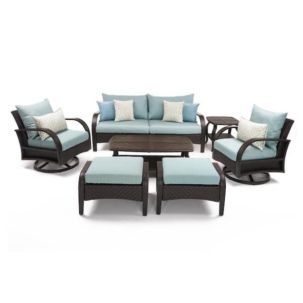 Barcelo 7-Piece Wicker Motion Patio Deep Seating Conversation Set with Sunbrella Spa Blue Cushions