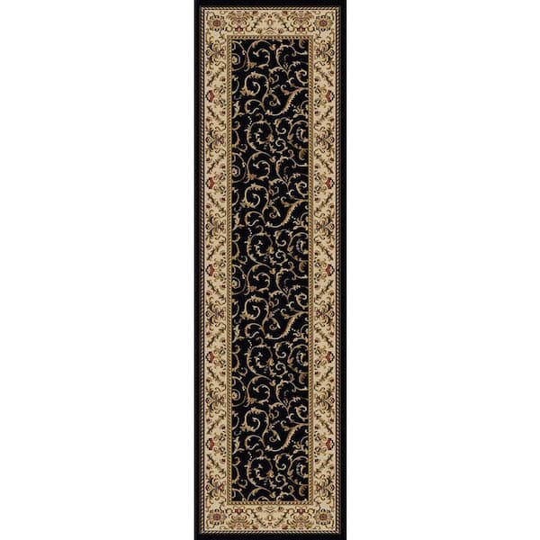 Scroll Design Rugs RADICI USA Como Black 2 ft. x 8 ft. Traditional Floral Scroll Area Rug ...