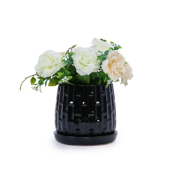 GOGEXX Set of 2 7.09 in. Black Ceramic Flowerpot with Frost and Heat Resistant for Indoor and Outdoor Use