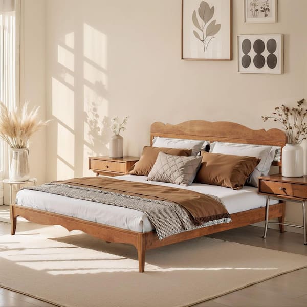 Classic Brown Solid Wood Bed Frame King Size Platform Bed with Woven Rattan Headboard