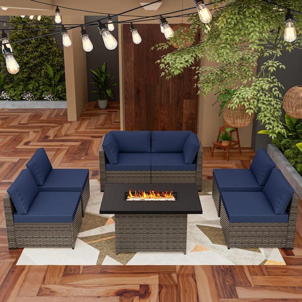 7-Piece Wicker Patio Fire Pit Sectional Seating Conversation Set with Blue Cushions