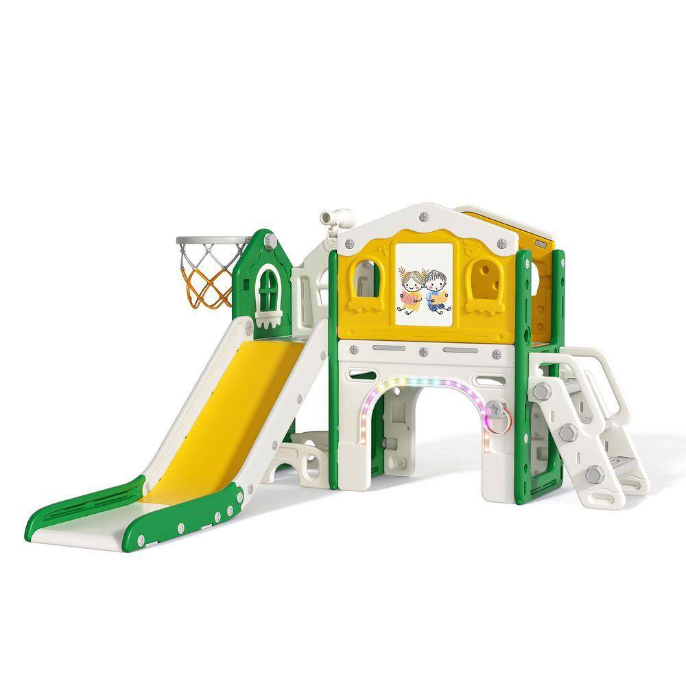 9-in-1 Toddler Slide Playground w/ LED Lights, Basketball Hoop & Drawing Board, Indoor Outdoor Toddler Playset
