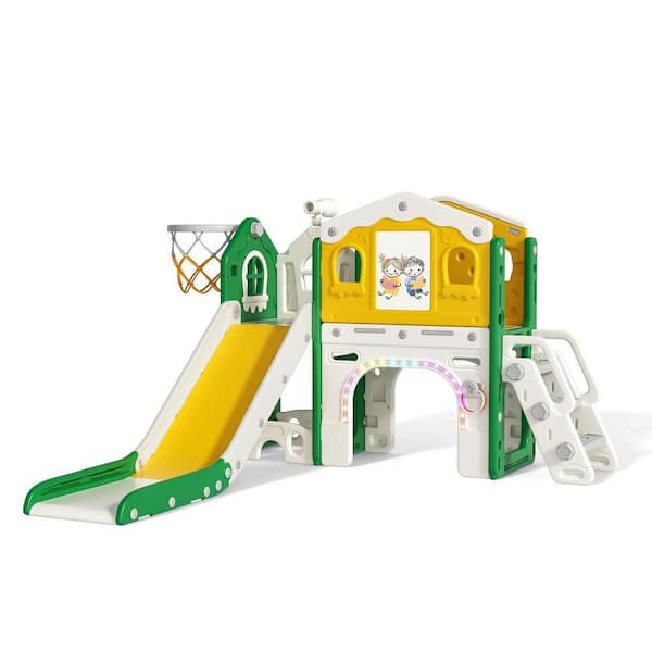 9-in-1 Toddler Slide Playground w/ LED Lights, Basketball Hoop & Drawing Board, Indoor Outdoor Toddler Playset