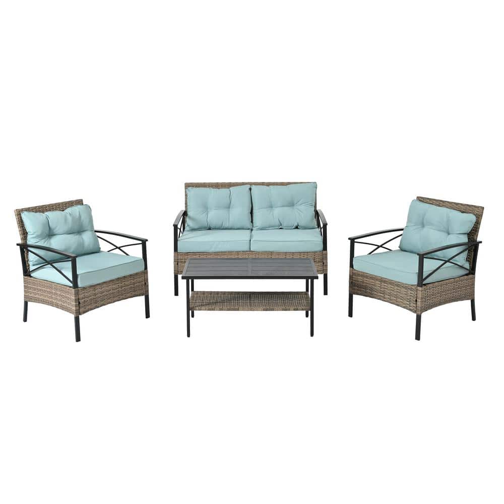 4-Piece Brown PE Wicker Outdoor Sectional Set with Green Cushions and Black