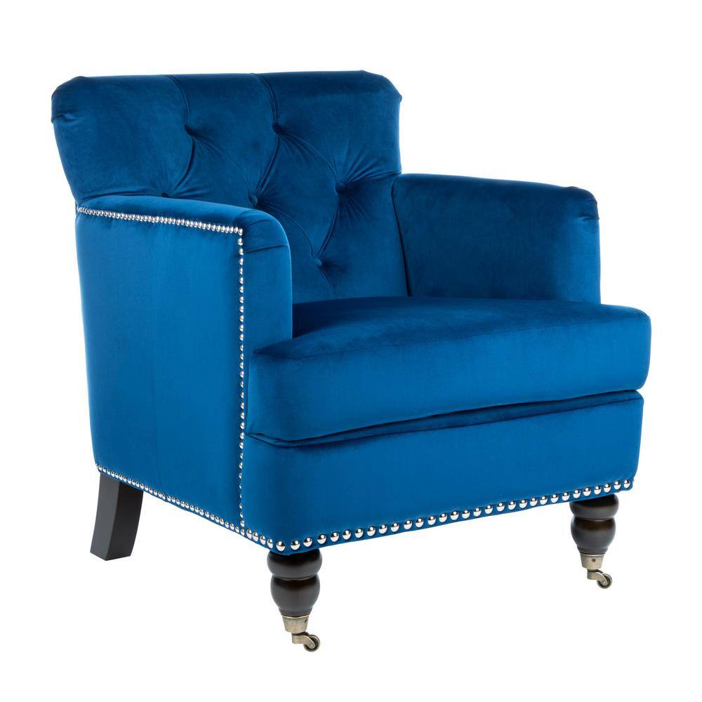 Navy Velvet Tufted Arm Chair with Espresso Wood Legs