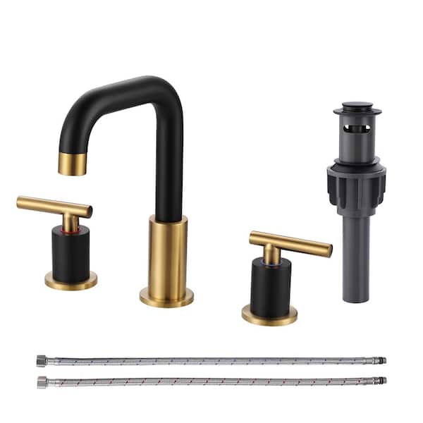 AVITAS 8 in. Widespread Double Handle Bathroom Faucet with Drain Kit and Supply Lines Included in Gold and Black