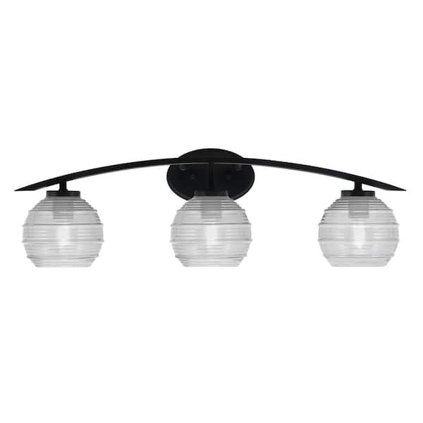 Unbranded Siena 29 in. 3-Light Vanity Light Matte Black with Clear Ribbed Glass Shades