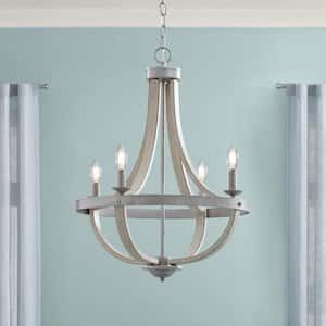 Keowee 21 in. 4-Light Silver Coastal Farmhouse Cage Chandelier Light with Coastal White Wood Accents for Kitchens