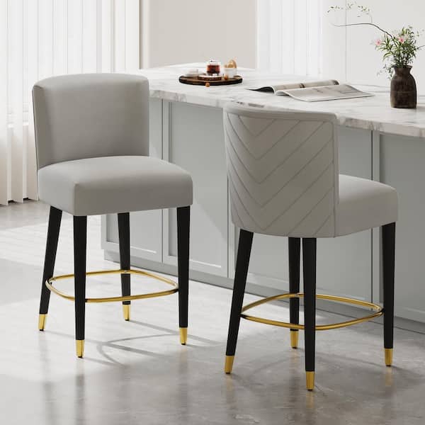 Vantage 27" Upholstered Counter Stools with Footrest, Rosewood Frame, Grey + Black + Gold, Set of 2