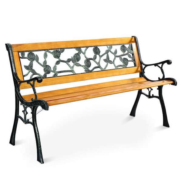 Costway 49.5 in. Wood Outdoor Park Garden Bench Deck Cast Iron Hardwood Porch Chair