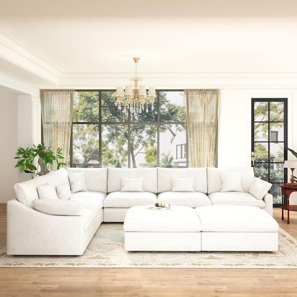 155.9 in. Square Arm 8-Piece Linen Down Feather Modular Free Combination Sectional Sofa with Ottoman in White