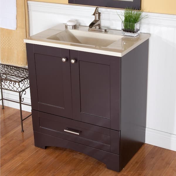 St. Paul Shaker 24 in. W x 19 in. D x 33 in. H Single Sink Bath Vanity in Espresso with Beach Cultured Marble Top and Mirror