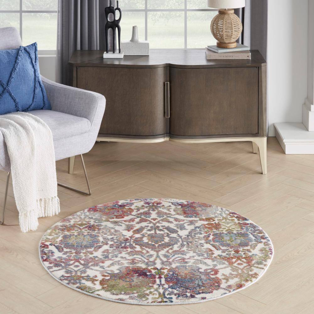 Handmade Round White Multicolor Floral Synthetic Area Rug
